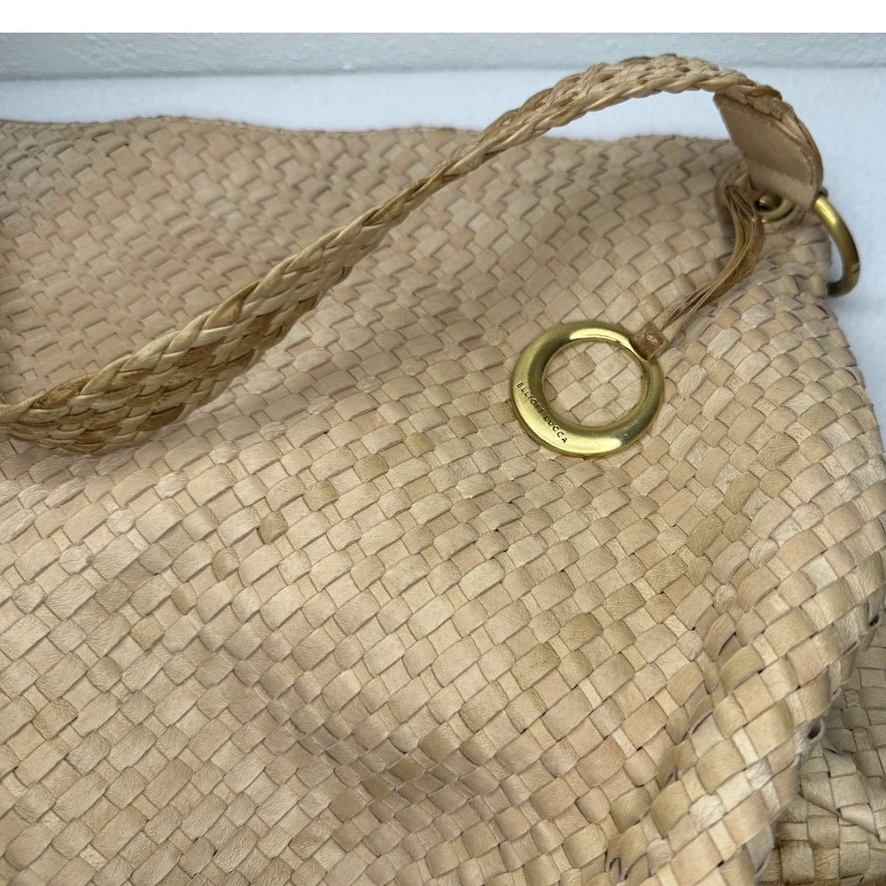 Elliott Lucca Isadora Hobo Bag Women Large Tan Woven Leather Fair Stained Base